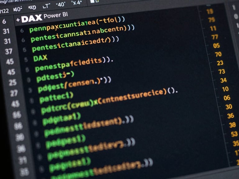 Close-up detail of clean DAX code formulas on a dark screen, with the crisp edge of a Power BI canvas showing green and amber bar charts, high-contrast technical aesthetic.
