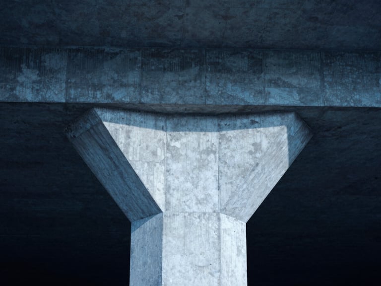 Architectural detail of a brutalist concrete support beam, strong shadows, cold blue light, symmetrical composition, 35mm