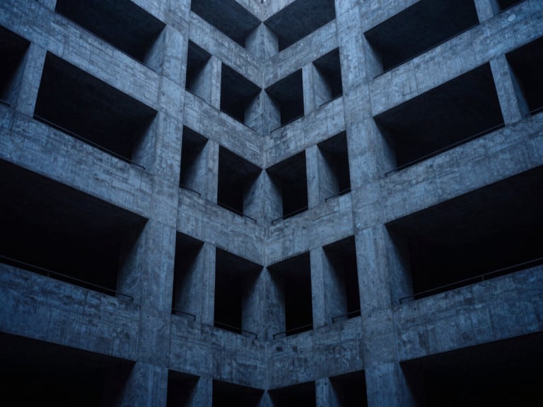 Abstract quantum physics diagram, deep blue and slate tones, sharp lines, symmetrical composition, 35mm
