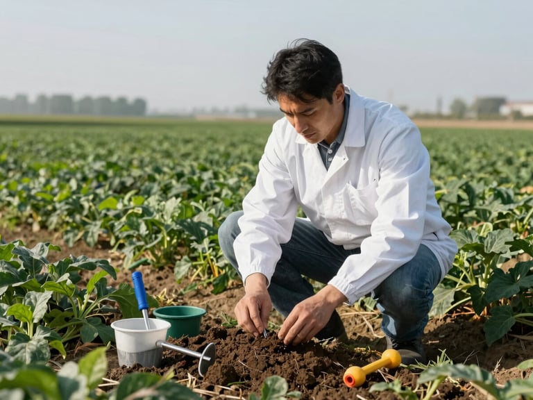 Agronomist taking a soil sample in a field, with specialized tools, under clear daylight.