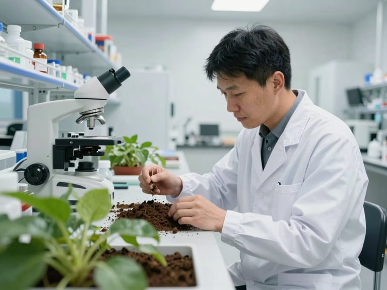 Agronomist in a white laboratory coat analyzing soil samples with modern scientific equipment, bright clean laboratory lighting, sharp focus
