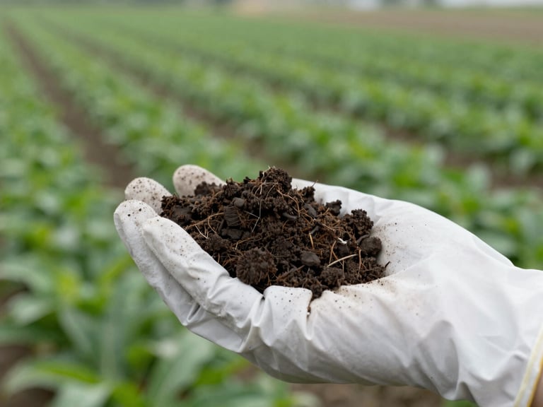 Macro shot of rich, dark textured organic soil held in gloved hands, structured agricultural field in the background, crisp morning daylight