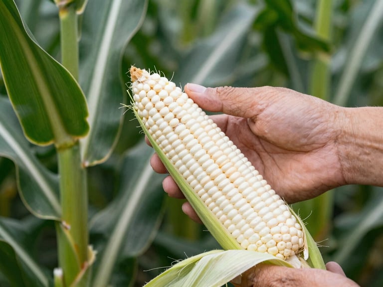 Close-up of a farmer's hand gently inspecting a healthy ear of corn in a field, crisp focus.