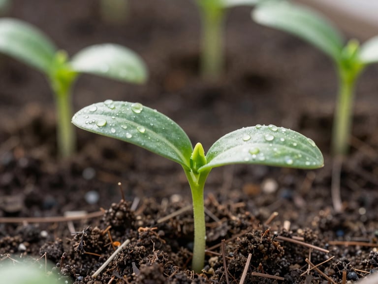 Macro shot of a healthy seedling sprouting from fertile soil, bathed in soft morning light.