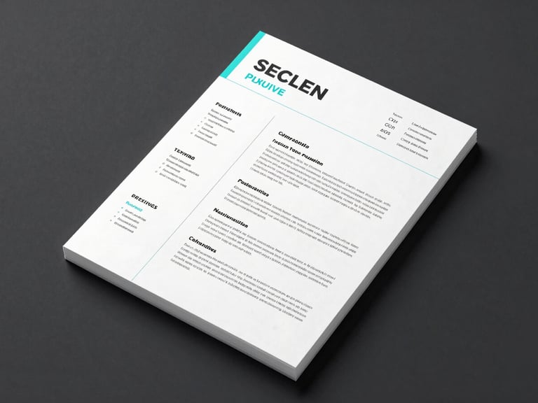 Clean overhead flat-lay of a modern executive CV template, structured grid layout, crisp technical aesthetic