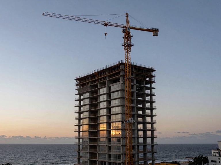 Wide environmental twilight shot of a modern skyscraper under construction in Balneário Camboriú, crane silhouette, geometric concrete slabs, ocean horizon background