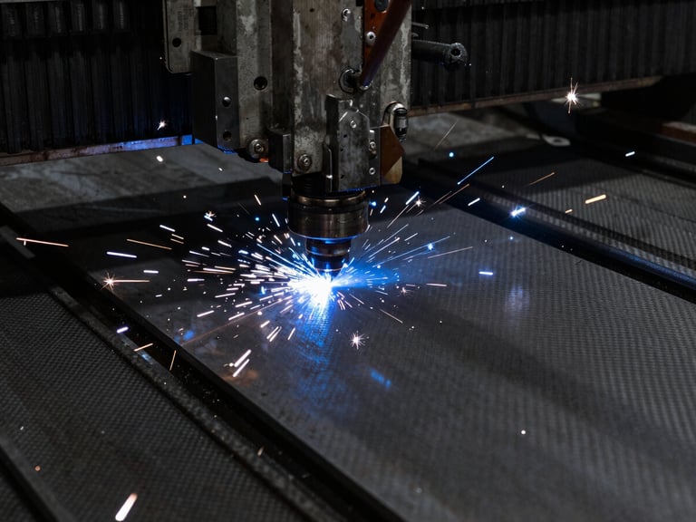 High-contrast industrial photography of a heavy-duty CNC laser cutting head slicing through a thick carbon steel plate, brilliant blue-white sparks scattering across the dark metal surface, deep shadows.