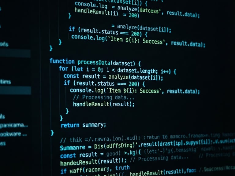 Macro shot of clean code on a dark screen with glowing neon cyan accents, sharp focus, high-contrast studio lighting, 35mm