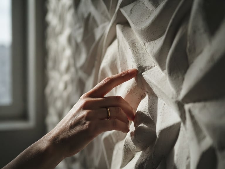 Close-up of a hand gently touching a 3D plaster panel with soft, dramatic side lighting, showing intricate texture, minimalist interior, architectural photography, 50mm, editorial.