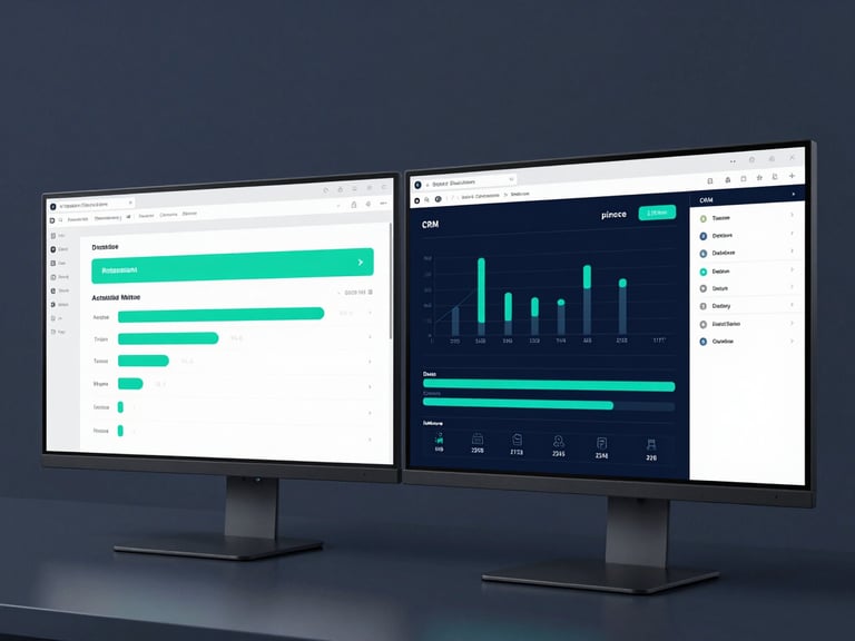 Sleek technology photography, dual-monitor setup showing clean CRM pipelines and automated dashboards, cool-toned crisp studio light, deep navy and electric teal accents, sharp focus, 35mm