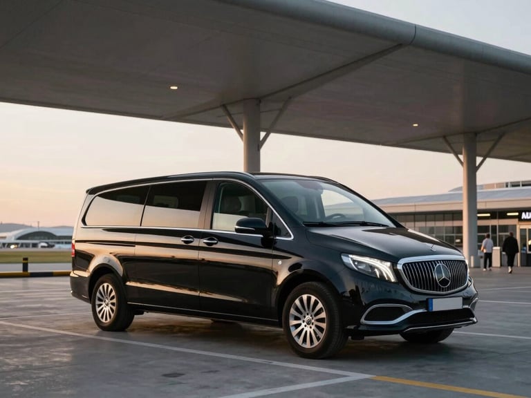 A luxury private transfer vehicle parked outside Istanbul Airport, warm evening light, clean composition with generous negative space.
