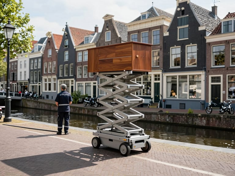 Wide shot of a historic Dutch street in Haarlem with a compact furniture moving lift parked neatly near the canal, operator standing nearby, bright daylight.