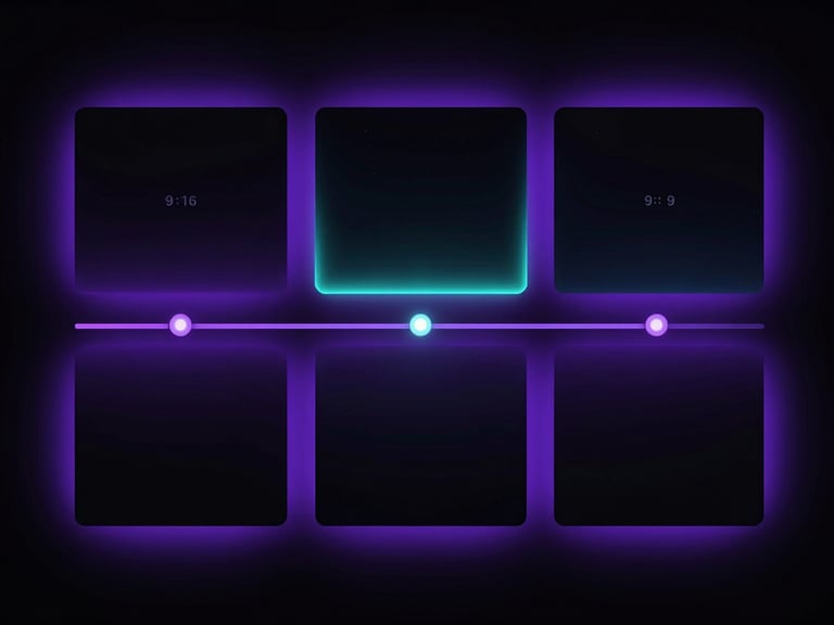 Sleek dark-mode UI photography of a video generation timeline, highlighting 9:16 and 16:9 aspect ratio presets with glowing purple backlighting.