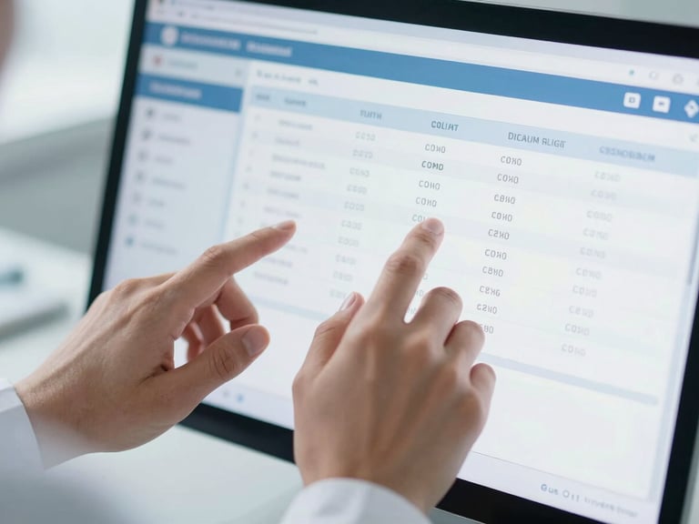 Close-up of a medical administrator's hands interacting with a clean, modern billing software interface, displaying data visualizations of claim statuses and denial trends in cool, sterile daylight.