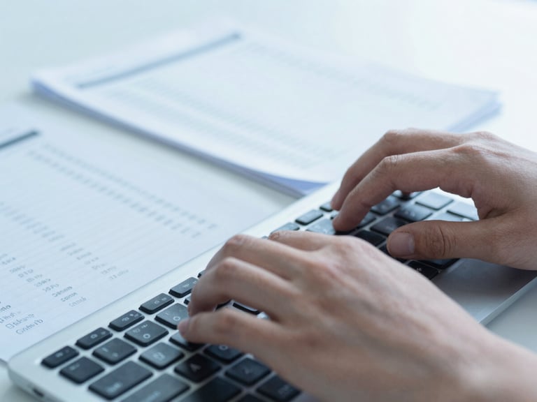 Close-up of hands typing on a keyboard, medical coding manuals in background, cool clinical photography, bright sterile daylight, desaturated blue and slate tones, sharp focus, 35mm