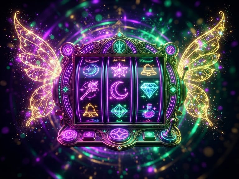 Vibrant 3D render of glowing digital slot reels with magical gold fairy wings, neon purple light, floating particles, high contrast