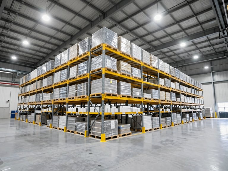 Wide-angle crisp industrial photography of a massive, clean, organized warehouse interior with high-bay racking, bright overhead lighting, safety yellow accents, cool tones.