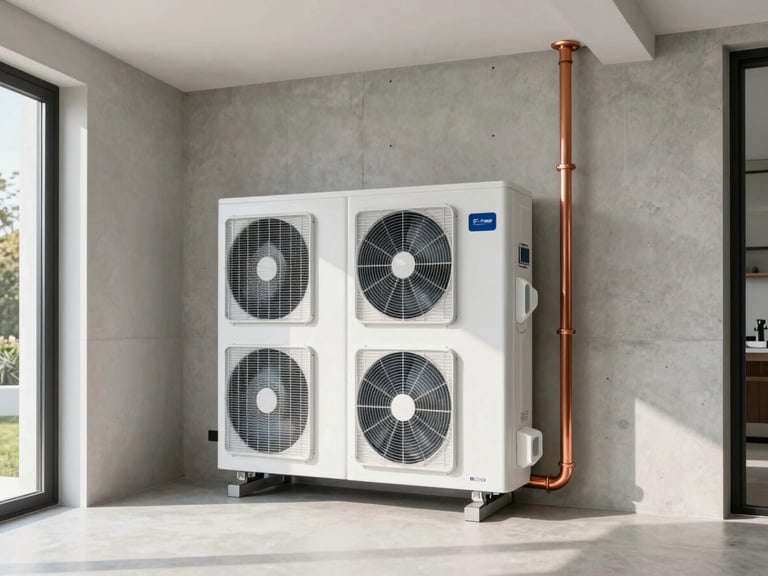 Sleek modern home utility room with a high-tech heat pump installation, copper pipes, clean concrete wall, bright daylight, professional architectural photography