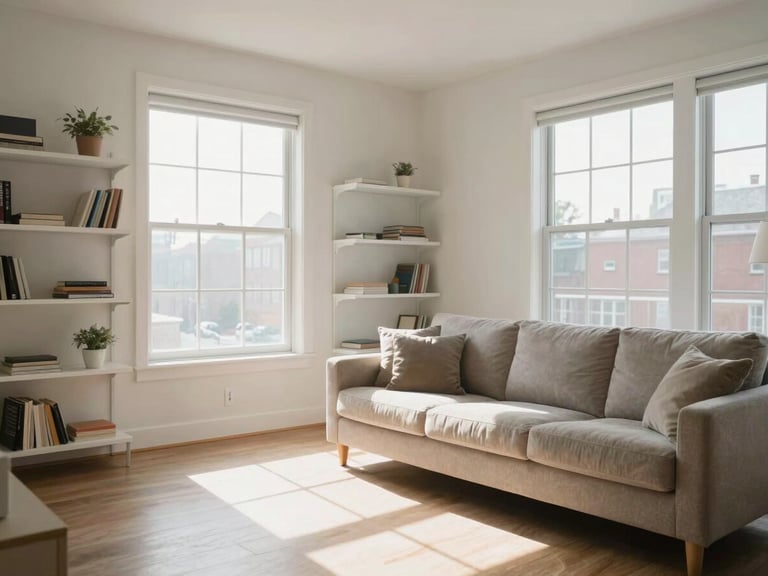 A bright, clean apartment living room in Arlington, Virginia, with natural morning light streaming through large windows, showcasing dust-free shelves and a neatly aligned sofa.