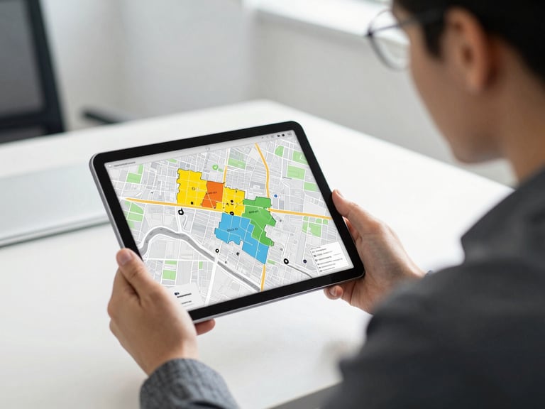 A professional regional manager in a modern office looking at a tablet showing a map of city dispatch zones, bright daylight, sharp focus, 35mm lens