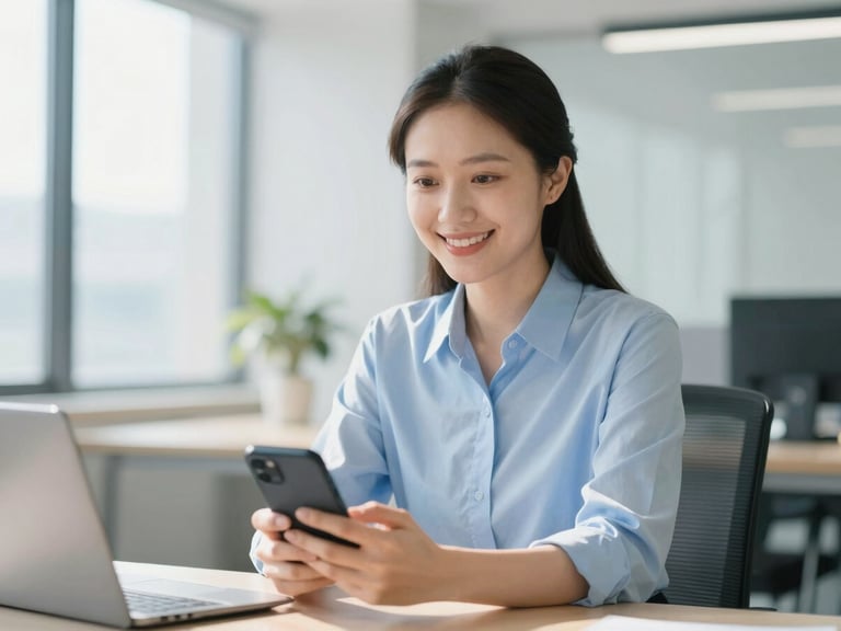 Approachable, friendly advisor in a bright, sunlit modern office holding a smartphone, looking ready to assist, shallow depth of field