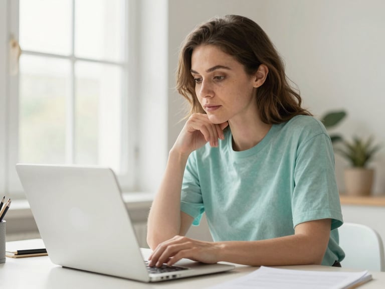 Female entrepreneur in a bright, natural workspace, soft natural daylight, looking thoughtfully at a clean laptop screen, pastel and muted teal tones, 35mm