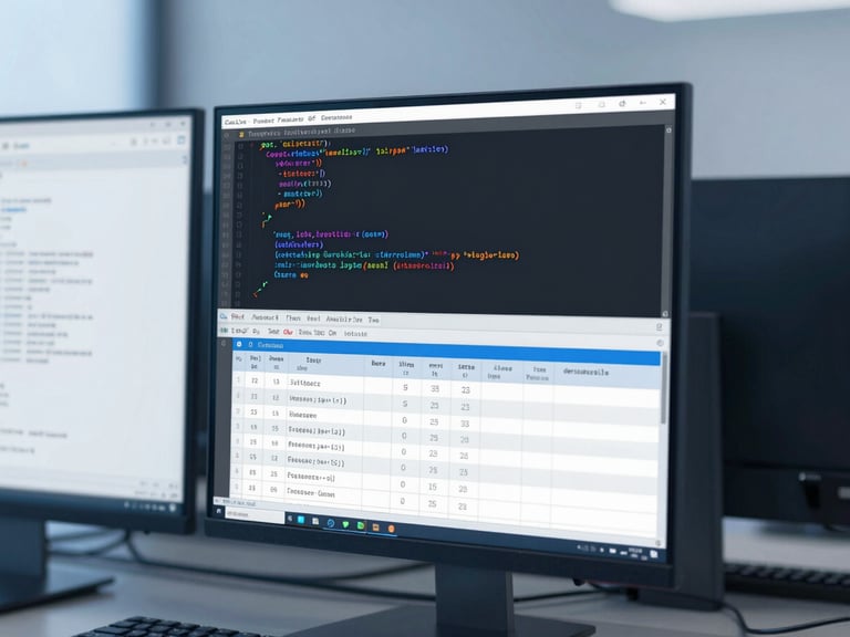 Close-up of clean code and database tables on a dual-monitor setup in a minimalist corporate office, cool blue light, sharp focus