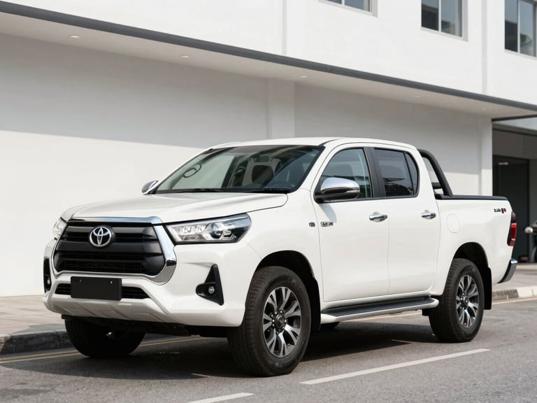 A clean white Toyota Hilux 4x4 pickup truck parked in a modern Kuala Lumpur street, bright natural daylight, crisp commercial photography, 35mm