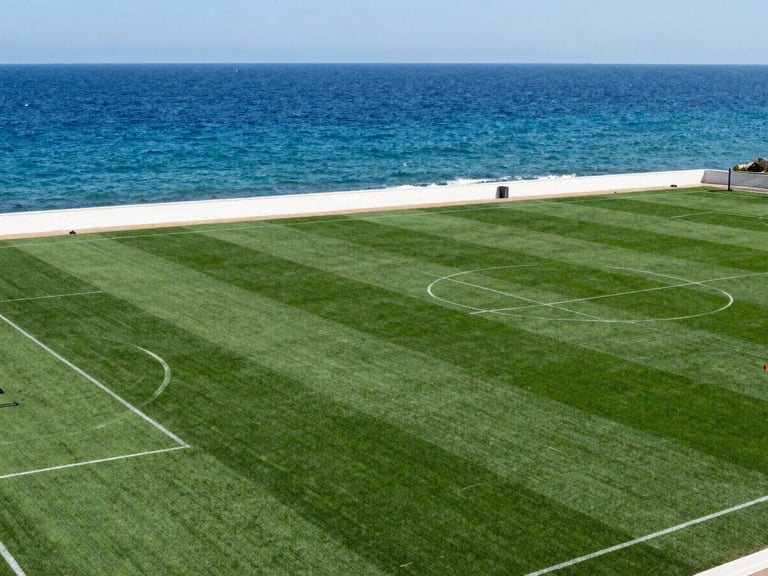 A scenic Greek coastal soccer pitch with deep matte forest green grass, overlooking the blue Mediterranean sea under bright natural sunlight, 35mm lens.
