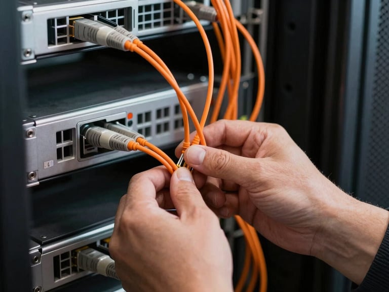 Close-up of a technician's hands organizing bright orange fiber optic cables inside a server cabinet, high-contrast lighting.