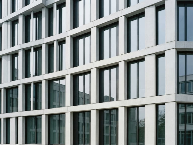 Minimalist architectural photography of a modern concrete office facade, bright neutral daylight, cool corporate tones, sharp focus, clean lines, 35mm lens.