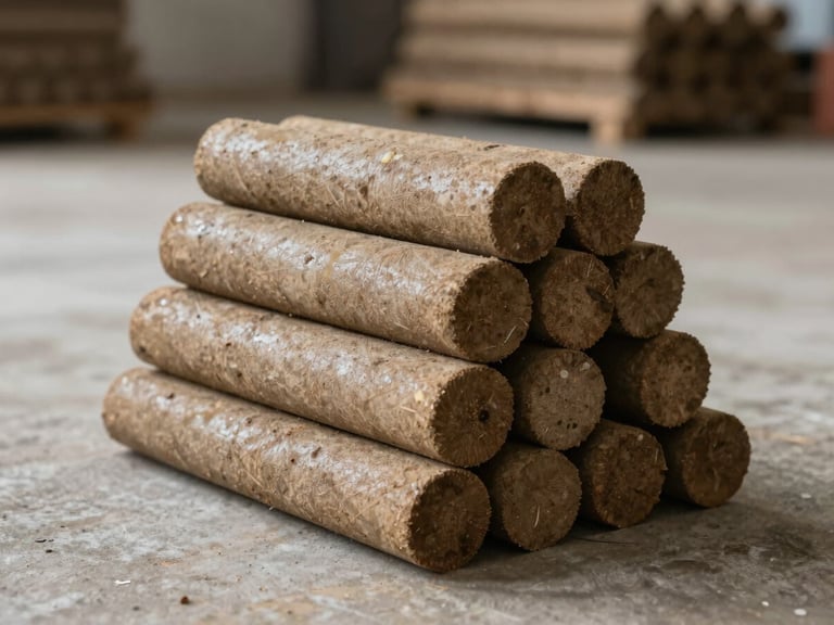 A stack of finished cylindrical biomass briquettes on a clean concrete floor, soft side lighting, industrial warehouse background.