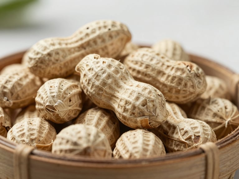 Raw peanut shells piled in a rustic wooden basket, natural overcast daylight, soft shadows, macro detail.