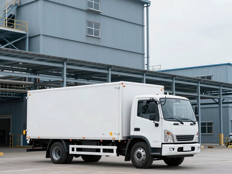 A branded white service truck parked outside a modern steel industrial plant, cool overcast daylight, steel blue tones, crisp technical detail