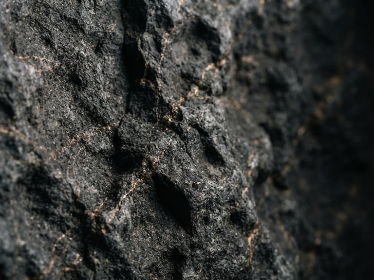 Extreme close-up of dark grey basalt stone with deep cleft textures and subtle gold veining, dramatic low-key architectural side lighting, 35mm
