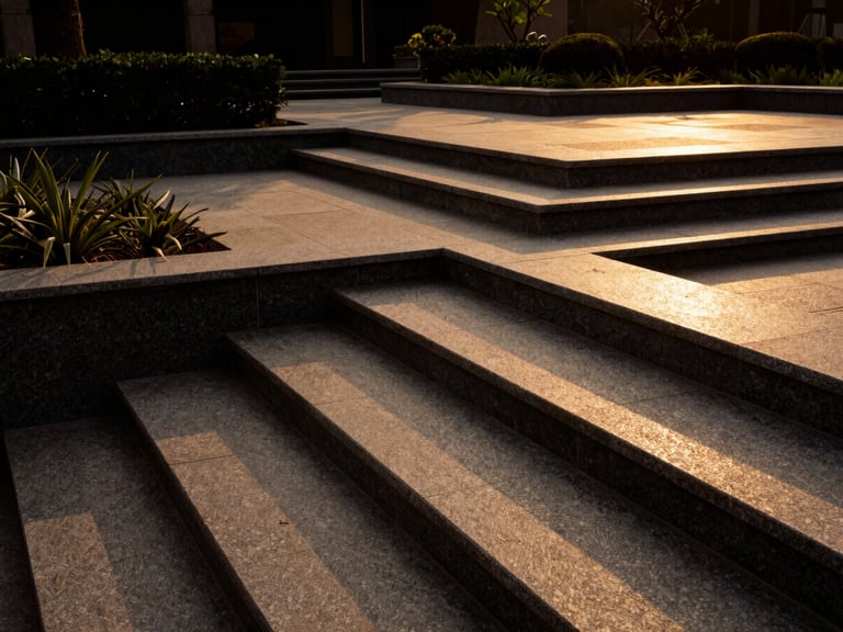 Wide-angle architectural landscape design featuring geometric sandstone steps and dark granite borders, manicured garden setting, dramatic sunset lighting