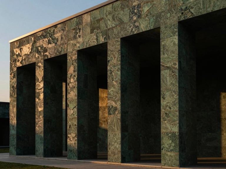 Low-key architectural photograph of a modern pavilion facade clad in textured green Kota stone, dramatic side lighting from the setting sun, 35mm