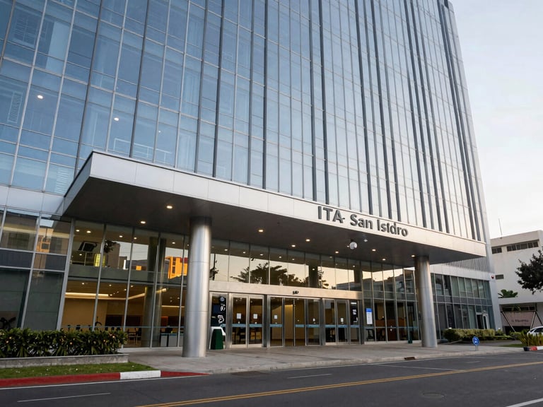 Wide architectural shot of the modern ITA campus entrance in San Isidro, clean glass facade reflecting the Lima daylight, professional and secure environment.