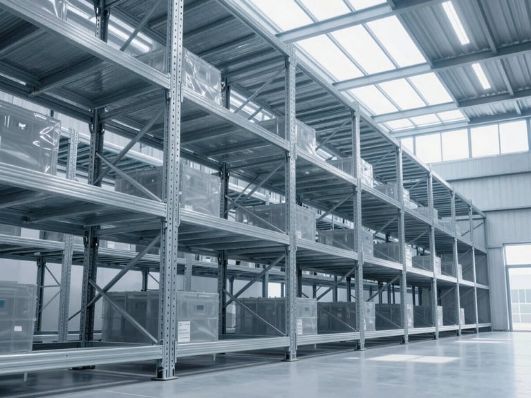 High-tech logistics warehouse interior with structured steel racks, clean cool daylight filtering through high windows.