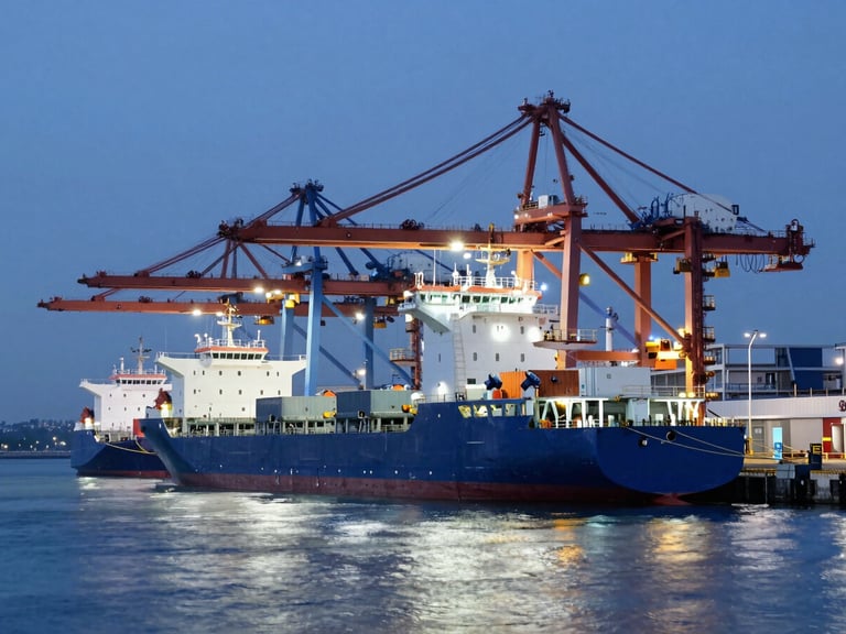 A modern deep-water port at twilight with clean architectural lighting, cargo vessels docked, cool blue and white glows.