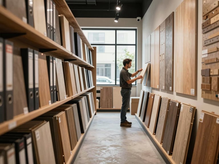 Wide environmental shot inside a flooring showroom, rows of manufacturer sample binders and display boards lining the walls, warm amber daylight from a large window at the far end, a contractor standing in the aisle studying a sample board, depth of field showing the breadth of product on display