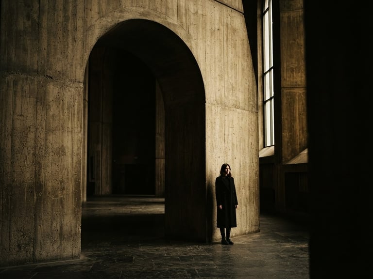 Wide cinematic shot of a solitary figure standing by a towering concrete archway, dramatic natural window light casting deep shadows, high-contrast black and gold tones, medium format film.