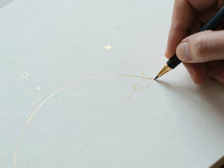Close-up of a hand sketching a story arc on antique paper, delicate gold foil celestial elements, soft diffused light, elegant lifestyle photography