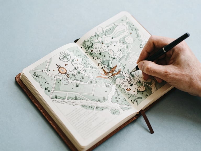 Overhead shot of a hand drawing a fantasy map in a leather-bound journal, surrounded by muted sage and dusty blue elements, soft diffused light, elegant lifestyle photography