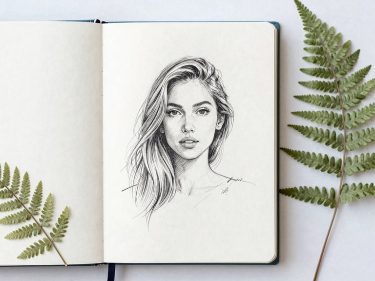 Portrait-oriented image of a character sketch in a notebook, surrounded by botanical details like pressed ferns, soft diffused light, elegant lifestyle photography