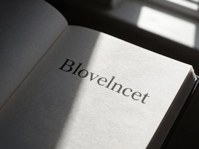Close-up of open book pages showing elegant serif typography, deep shadows, natural window light, stark minimalist aesthetic