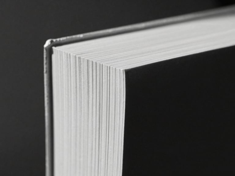 Macro close-up of a heavy textured paper book spine, deep shadows, natural side light, monochrome ink tones