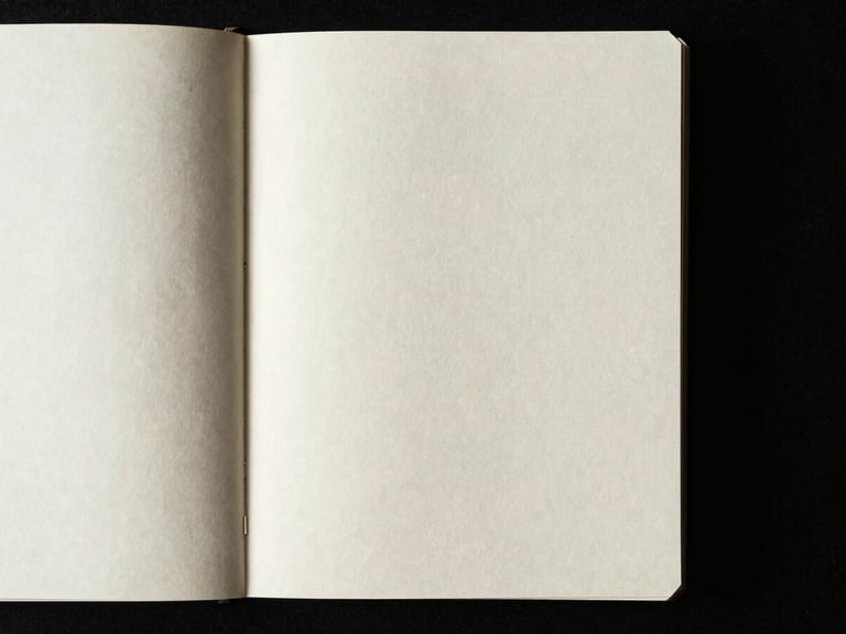 Close-up of open blank pages of a minimalist notebook, high-contrast side lighting, deep shadows, 35mm grain