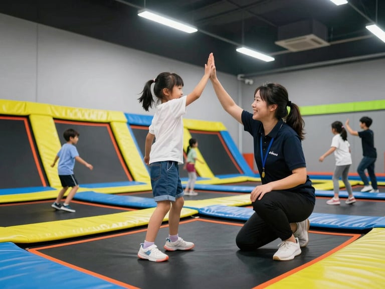 A friendly Volt Adventure Park staff member high-fiving a child on a trampoline, other kids playing in the background, dynamic action shot