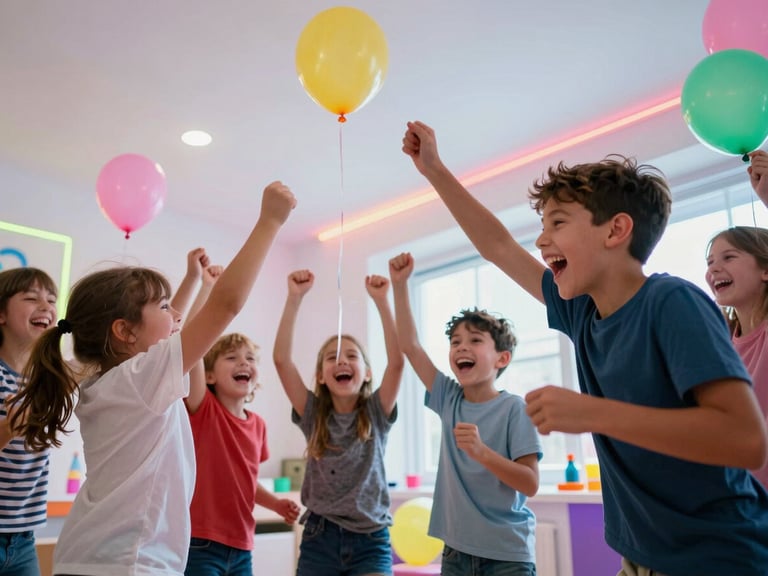 Kids laughing and celebrating in a brightly lit, neon-themed private party room, balloons and decorations visible, dynamic low-angle framing